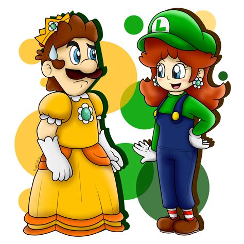 Luigi and Daisy Clothing Swap! Oh, come on! Don't tell me you don't see them doing something like this! I've seen so many headcanons that Daisy would beat the living crap out of Luigi if he ever got close to her dress.
